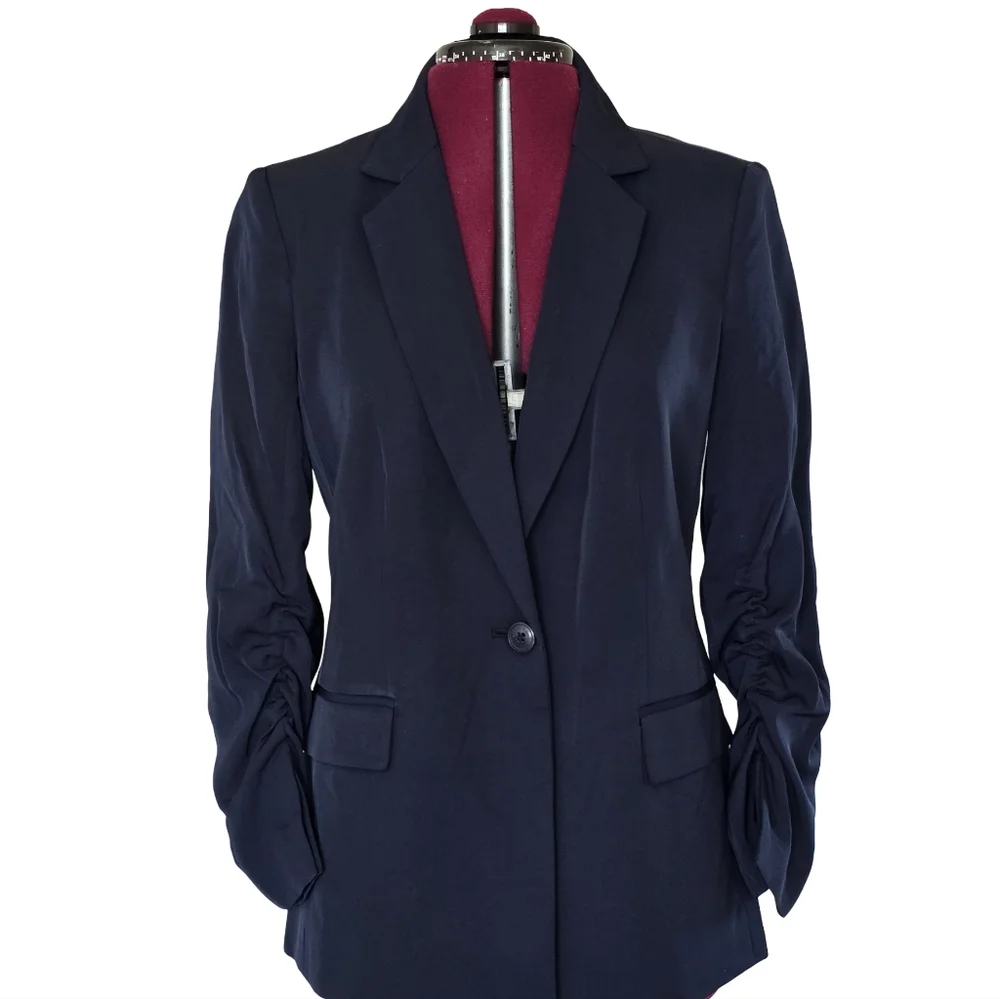 NWT Calvin Klein Women's Navy Rouched Sleeve Blazer Size 8 Career Work Business
